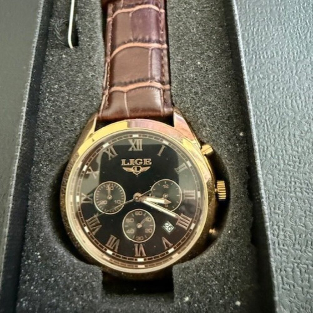 LIGE Men's Watch Rose Gold and Black Dial with Brown Leather Strap